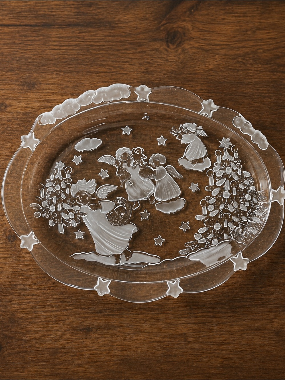 Vintage Mikasa Holiday Lights Crystal Sweet Dish Angel Christmas Tree 9.25” x 7”